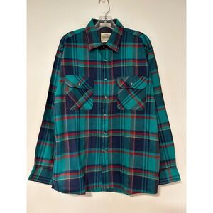 Vintage Saugatuck Dry Goods Teal Navy Plaid Flannel Shirt Mens Large RN 42000